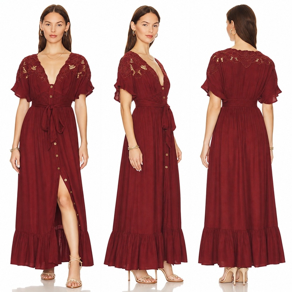 Free People Colette Maxi Dress Boho Red Floral Embroidered OB1646573 Size M